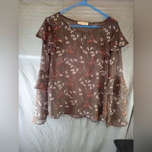 By Together Brown Floral Ruffle Sleeve Sheer Top